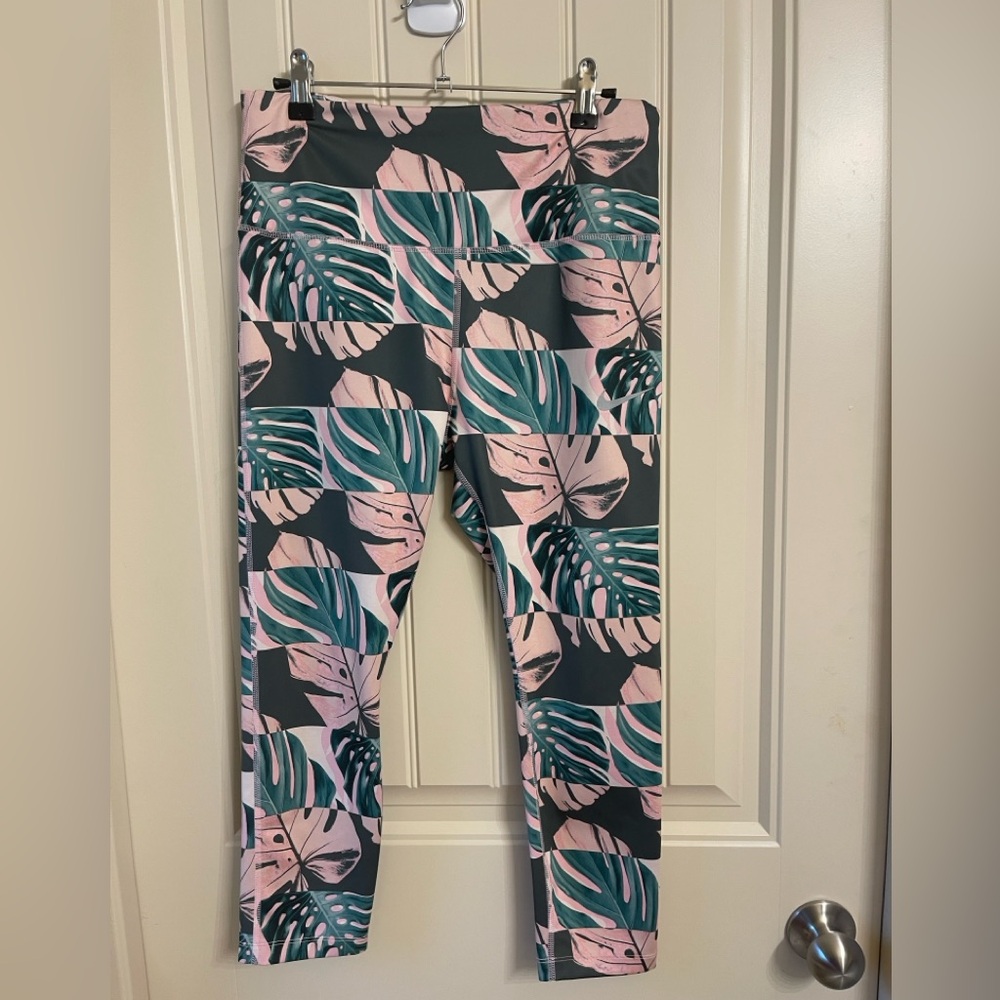 Nike Dry Fit Women Leggings Green Leaf Pattern Size L